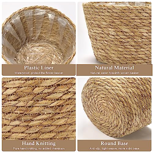 Athaliah Woven Plant Basket Set of 3 with Plastic Liner, Indoor Planter Baskets for Floor Plants, Water Hyacinth & Corn Husk Basket Planters, Decorative Rustic Boho Home Decor