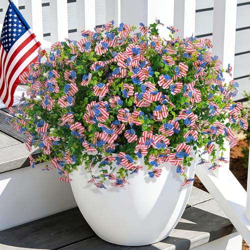 ADXORA 12 Bundles Artificial Flowers,Faux Plants for Spring Summer Decoration, UV Resistant Colorful Violets Eucalyptus for Outside Home Planter Porch Patio Yard Décor (Red,Blue,White) - color: Red,blue,white