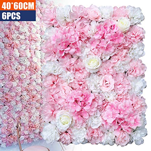 6 PCS Artificial Flower Wall Panels 3D Flower Wall Panel for Flower Wall Backdrop 16" x 24" Faux Flower Wall Mat Silk Hydrangea Rose Floral Panel for Party Wedding Wall Decorations Pink+White - color: Pink+white