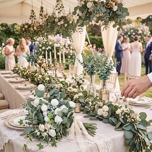 Giegxin 180 Pcs 3 Kinds Mixed Artificial Eucalyptus Leaves Stems Bulk Silver Dollar Leaves Picks Dried Eucalyptus Bundle Faux Spray for Wedding Vase Bouquet Floral Arrangement (Green) - color: Green