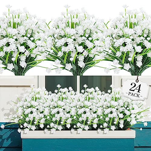 AGIRL 24 Bundles Artificial Flowers for Outdoor,No Fade Fake Plastic Flowers Faux Plants for Decoration Hanging Planters Indoor Outside Garden Porch Window Box Home Wedding Farmhouse - color: White, size: 24