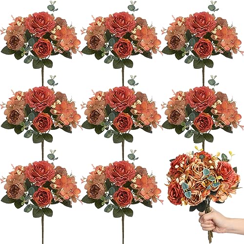 Yunsailing 8 Packs Artificial Peony Flowers Faux Silk Hydrangea Bouquet Vintage Wedding Home Table for Door Decor Reusable Bouquet of Rose Flowers for Valentine Wedding Birthday Party(Dark Orange) - color: Dark Orange, style: Hydrangea