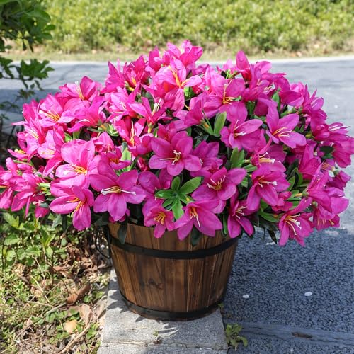 INSPRING Artificial Fake Flowers for Outdoors Spring Outside Decoration, 3 Bundles Silk Azalea Faux Plants UV Resistant Realistic Outdoor Flowers for Planter Porch Patio Garden Walkways Home, Fuchsia - color: Fuchsia