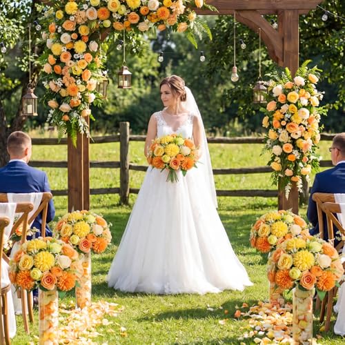 Tigeen 6 Pcs Bundles Artificial Bouquet Flowers Artificial Peonies Faux Roses Hydrangea Flowers Bouquet for Wedding Table Centerpiece Floral Vase Decor (Orange,Yellow) - color: Orange, Yellow
