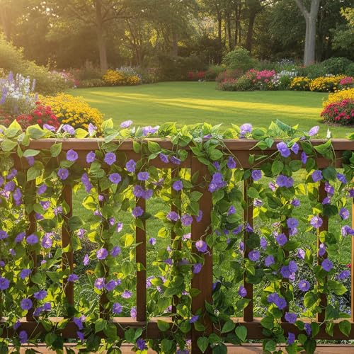 GTIDEA Artificial Vines 15Feet Silk Flower Garland Purple Morning Glory Vine Artificial Flowers Hanging Plants Garland Fake Green Plant 4Pcs for Outdoors Wall Fence Indoor Wedding Banquet Decor - color: Purple-4pcs