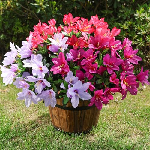 INSPRING Artificial Flowers for Outdoors Outside, 3 Bundles Fake Silk Azalea Flower Realistic UV Resistant Spring Flowers for Decoration Faux Plants for Outdoor Planters Porch Patio Garden Home, Mix - color: Hot Pink+purple Red+light Purple