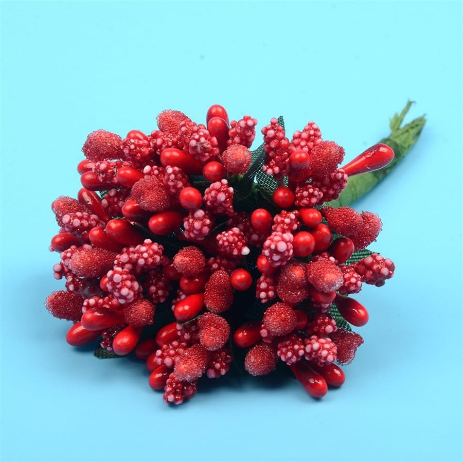 Rikyo Artificial Mini Flower Stamen Pistil, Red, 144pcs | Soft Stem, 20mm Tiny Berry for Make Bridal Hair Clips,Cake Top,Wrist Corsage Boutonniere,Candle Rings Wreath Bracelet Flower - color: Red