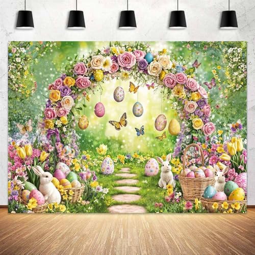 Spring Happy Easter Backdrop, Enchanted Forest Colorful Eggs Rabbit Bunny Floral Butterfly Photography Background, Fairy Tale Wonderland Garden Party Decorations Banner Photo Booth Studio Props 5X3FT - color: Purple and Green, size: 5X3FT