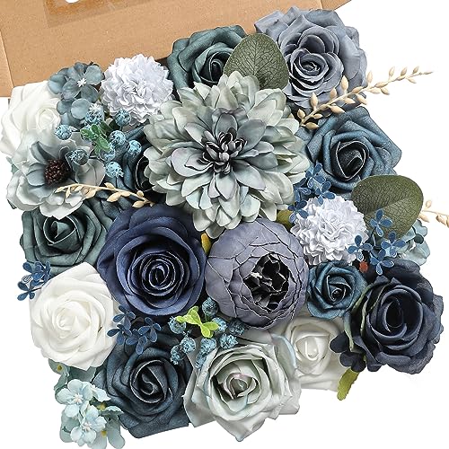 YYHUAWU Nude Artificial Flowers Combo Set Fake Flower Leaf Box with Stems for DIY Wedding Bouquets Centerpieces Flower Arrangements Decorations Baby Shower Party Home Decorations - color: Dusty Blue & Navy Blue