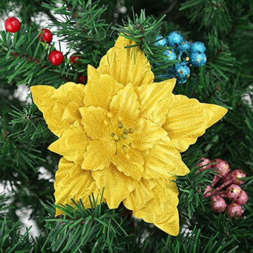 Eeghurt 10 Pcs Christmas Glitter Poinsettia Artificial Flowers Decorations with 10 Pcs Clips, 7.1 Inches Large Fake Double Layer Flowers Wedding New Year Ornaments for Xmas Tree Decor, Yellow.