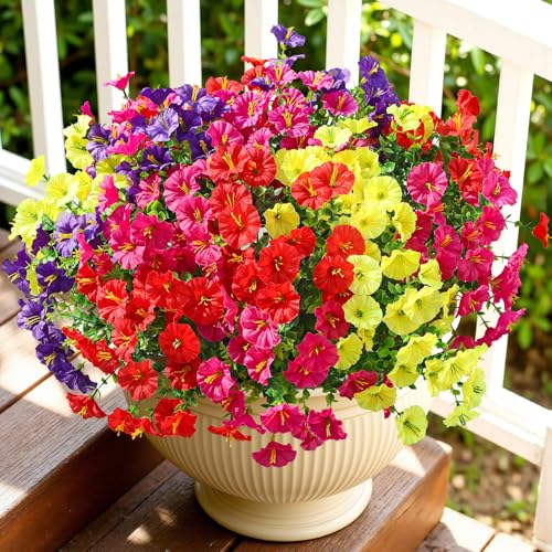 Alupssuc 24 Bundles Artificial Flowers for Outdoors, Faux Spring Flowers for Decoration, UV Resistant Silk Morning Glory with Eucalyptus Realistic Fake Flowers for Yard Planter Porch Garden, 4 Colors - color: Red, Fuchsia, Deeppurple, Yellow