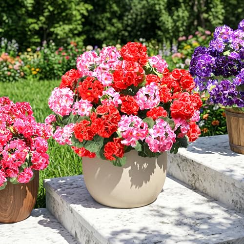 Fake Geraniums Artificial Flowers for Outdoors, 6 Bundles Silk Geraniums Flowers Realistic UV Resistant Fake Plants Faux Flowers for Outside Planters Front Door Garden Balcony Yard Porch Indoor, Mix - color: 3 Red, 3 Pink