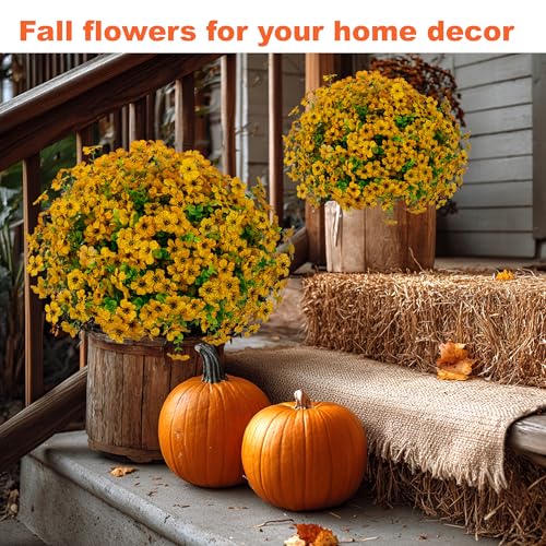 AXYLEX Artificial Fall Flowers for Outdoors Fake Mums - 16 Bundles Faux Plants Outside Greenery Boxwood No Fade Plastic Shrubs Decor Farmhouse Home Garden Thanksgiving (Yellow) - color: Yellow