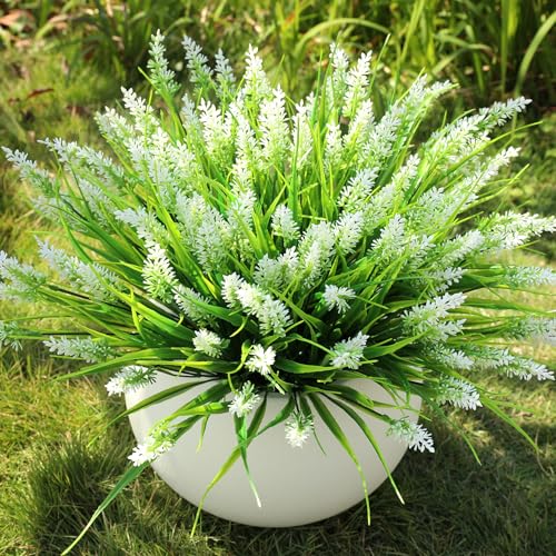 16 Bundles Artificial Plants Outdoor, UV Resistant Fake Lavender & Monkey Grass, Realistic Plastic Faux Plants for Balcony, Patio, Porch Greenery Decor, Planter Filler(White) - color: White-2, size: 16PCS