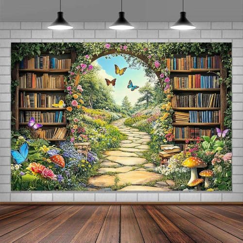 Enchanted Forest Fairy Library Backdrop, Spring Woodland Bookshelf Tea Party Photography Background, Green Floral Plant Birthday Party Decorations Baby Shower Banner Photo Booth Props 5X3FT - color: Brown, size: 5X3FT