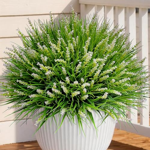 alyptus Outdoor Artificial Flowers 12 Bundles Plastic Plants Faux White Flower Fake Monkey Grass for Planters Décor Outside (White) - color: White