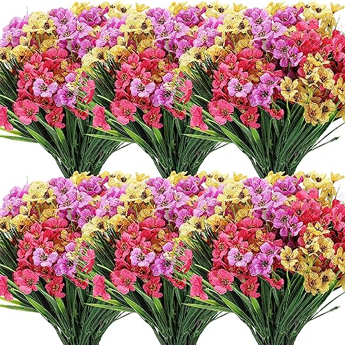 Lyrow 100 Bundles Violet Artificial Flowers, UV Resistant Faux Flowers Outdoor, Faux Silk Flowers, Fake Violet Flowers Bulk for Front Porch Hanging Garden Courtyard Farmhouse Home(Colorful) - color: Colorful