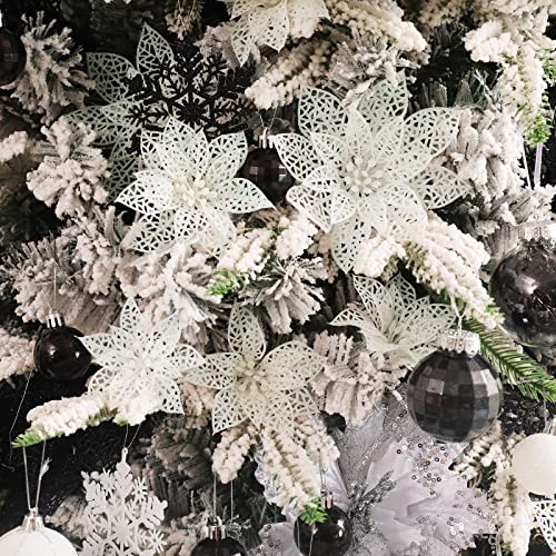 Wironlst 24 Pieces Glitter Poinsettia Flowers Christmas Tree Ornaments, Glitzy Poinsettia Bushes Christmas Decorations for Xmas/Holiday/Seasonal/Wedding (White) - color: White
