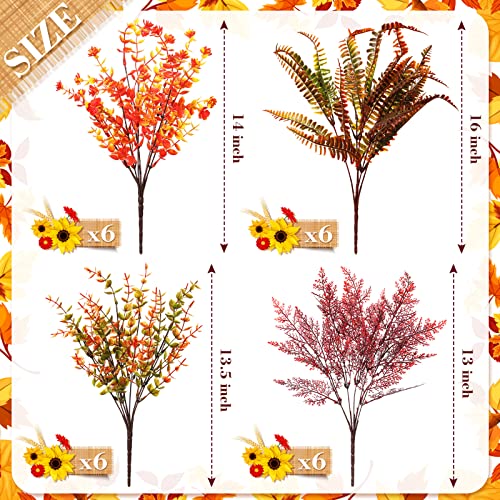 Geosar 24 Bundles Fall Artificial Flowers UV Resistant Artificial Outdoor Plants Yellow Orange Faux Flowers Decorations for Home Garden Porch Wedding Autumn Decor