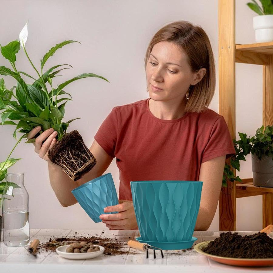 7 Inch Plant Pots 5 Pack, Flower Planters with Drainage Holes and Trays,Plastic Pots for Indoor Outdoor Plants,Green - color: Blue-green, size: 7inch 5pc
