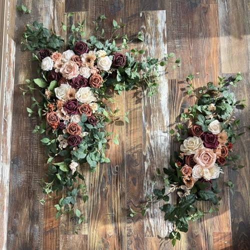 Wedding Arch Flowers with Drapes Kit (Pack of 5) - 2pcs Artificial Sunset Terracotta & Burgundy Deluxe Swag with 3pcs Sheer Drapes for Wedding Ceremony Arbor Reception Backdrop Decoration - color: Terracotta & Burgundy & Cream