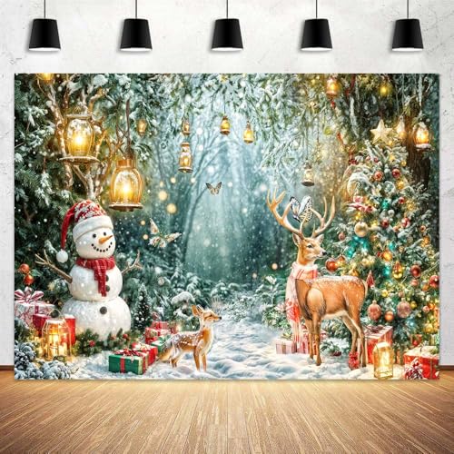 Winter Wonderland Backdrop Christmas Forest Scene Snowy Tree Snowman Deer Photography Background Xmas Holiday New Year Family Party Decorations Banner Photo Booth Studio Props 5X3FT - color: White, size: 5X3FT