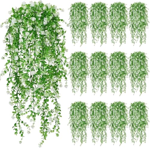 12 Pcs Artificial Hanging Flowers White Hanging Plants Fake Trailing Plant for Outdoor Faux Eucalyptus Greenery Realistic UV Resistant Wall Garden Front Porch Home Indoor Decor - color: White-12pcs