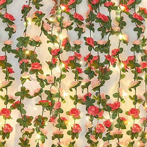 MARTINE MALL Rose Vines with 99 Ft/300 LED String Lights, Floral Garland for Bedroom, Wedding Decor - color: Pink With Lights, size: 12 Packs