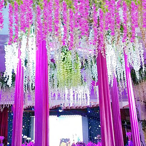 WEISPARK Fake Hanging Flowers - 12 Pieces 3.75 Feet/Piece Artificial Wisteria Vine Ratta Hanging Garland Silk Flowers for Home Party Wedding Decor (Fuchsia) - color: Fuchsia