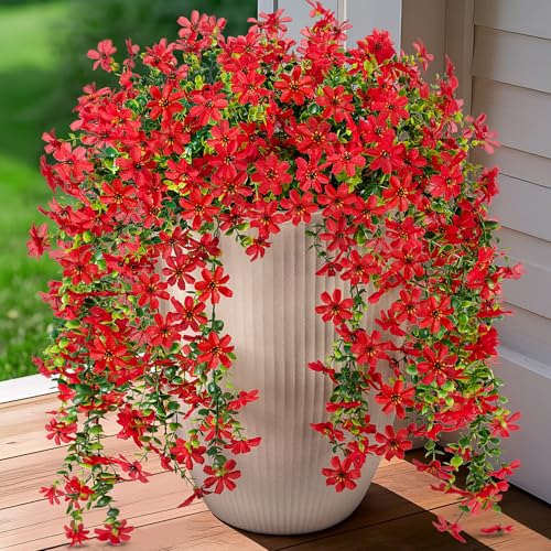 Hrobek 2 PCS Artificial Hanging Flowers Outdoor Spring Summer Decoration, Fake Hanging Vine Plants UV Resistant, Faux Daisy Flower Eucalyptus for Outside Home Indoor Porch - color: B-red