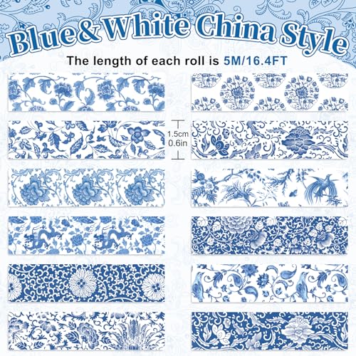 Whaline 12 Rolls Blue Toile Floral Washi Tape Chinoiserie Flower Decorative Paper Masking Tape for Gift Wrapping DIY Craft Journal Scrapbook Envelope Party Decor - color: Blue
