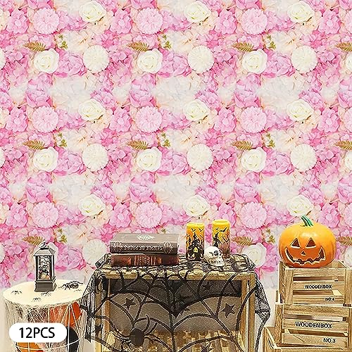 Artificial Flower Wall Panels, Silk Wedding Flower Wall Backdrop Panel, 3D Floral Panel Artificial Floral Wall Mat Flower Screen for Photo Party Wedding Wall Background Decor (12PCS Pink+White) - color: 12pcs Pink+white