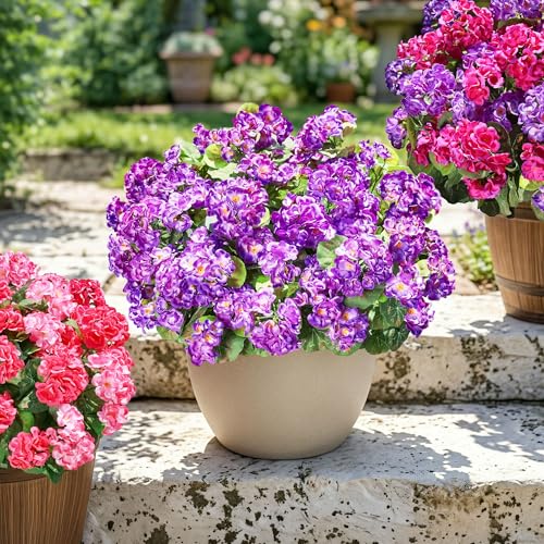 Fake Geraniums Artificial Flowers for Outdoors Outside, 6 Bundles Purple Silk Geraniums Fake Flowers Plants Realistic UV Resistant Faux Flowers for Outdoor Planters Garden Balcony Yard Porch Indoor - color: Purple