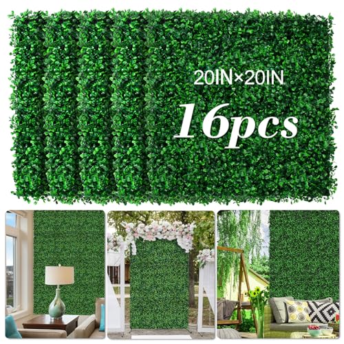 AOKIIE 20"x20" Artificial Grass Wall 16Pcs UV-Anti Boxwood for Outdoor | Grass Wall Panels UV-Anti & Weatherproof Boxwood Hedge, Privacy Greenery Screen for Outdoor Patio, Garden Fence Backdrop - size: 20X20 16PCS