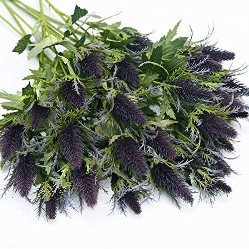 FiveSeasonStuff Real Size Artificial Thistle Flowers Real Touch 8 Stems Rustic Purple and Green Thistle Decor Spray Eryngium | Sea Holly for Wedding Bouquet Centerpiece 26 inches - color: Rustic Purple & Green