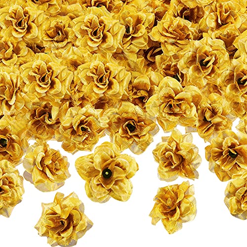 Syhood 100 Pieces Artificial Roses Head 1.77 in Rose Small Silk Fake Floral for Wedding Wall Garland Bouquet Derby Crafts Decorations(Gold) - color: Gold