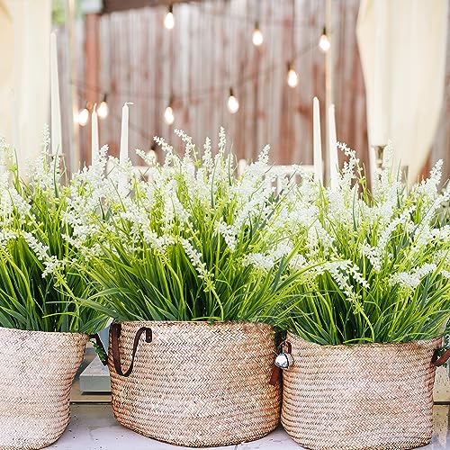 12 Bundles Outdoor Artificial Plants Flowers UV Resistant Fake Tall Grass Plants Bushes Faux Tropical Shrubs for Outside Window Box Planter Front Porch Yard Patio Floral Arrangement - color: White, size: 12 Pcs