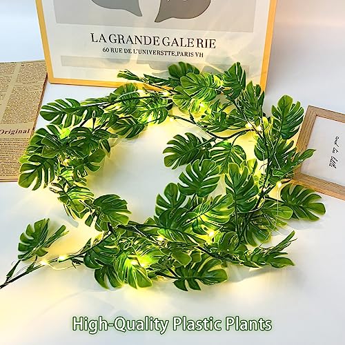 RECUTMS Artificial Monstera Leaf Vines Whit Light 2Pcs, 5.9FT Fake Hanging Ivy Plant Faux Tropical Palm Leaves Greenery Vine Garland Indoor Outdoor Garden Porch Patio Jungle Luau Birthday Party Décor - color: Monstera Leaf Vines Whit Light 2pcs