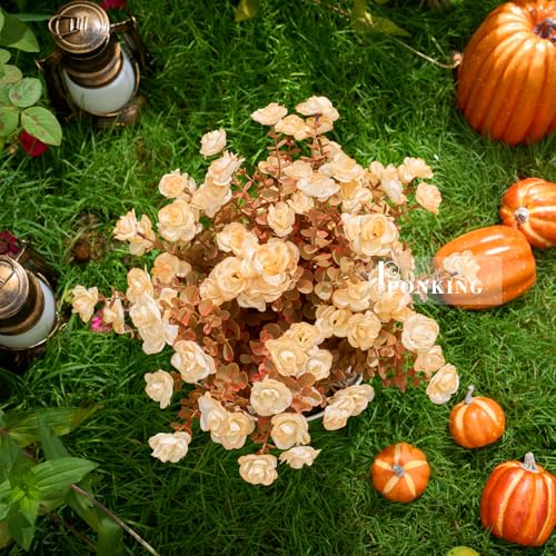 PONKING Artificial Flowers for Outdoors Patio Decoration 6 Bundles Fake Flower Rose UV Resistant Faux Plants Yard Garden Porch Home Boxwood Patio Halloween Decor, Fall Champagne Flower - color: D Fall Champagne Rose 6pcs