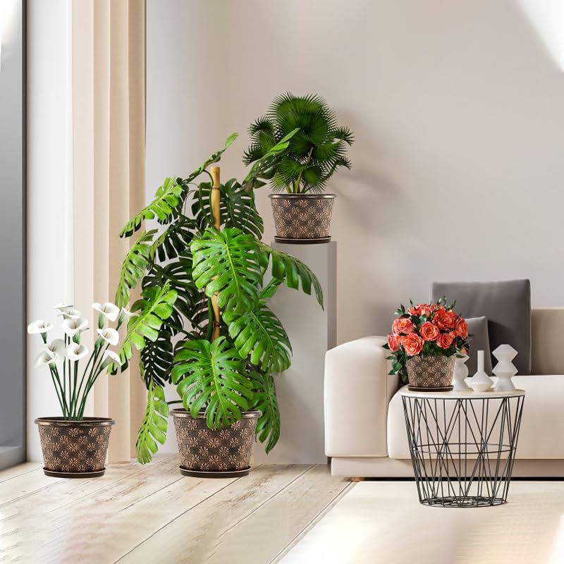 16 Inch Planter Pots for Plants, Plastic Large Flower Pots Indoor Outdoor, 4 Pack Resin Plant Pot with Drainage & Saucer, Retro Decorative Garden Pot with Removable Trays for House - color: 16 Inch