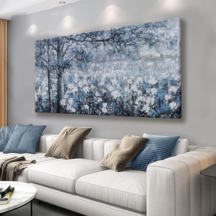 wall art canvas prints botanical wall art decor Blue And White Abstract Tree Flower Landscape dorm wall decor Artwork for Bedroom Home Office Dining Room Decoration 20''×40'' - color: grey blue, size: 40"L x 20"W