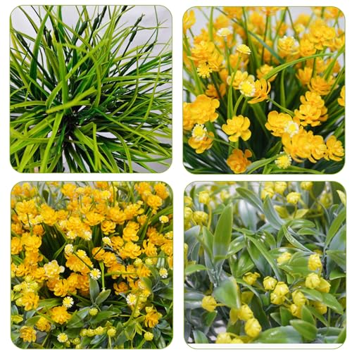 36 Pcs Artificial Flowers for Outdoor, UV Resistant Outdoor Fake Plants Faux Plastic Flowers Shrubs for Outside Garden Patio Porch Window Box Spring Summer Decor (Mixed Yellow) - color: Yellow