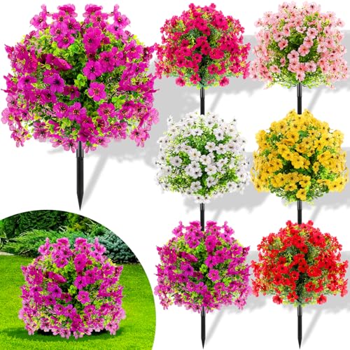 Suncalla 6 Pack Artificial Boxwood Topiary Ball Tree with Violet Flowers, 20" Outdoors Fake UV Resistant Plants with Ground Spike Faux Eucalyptus Shrubs Bushes for Porch Patio Garden (Colorful Flower) - style: Colorful Flower