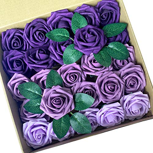 Artificial Flowers 25PCS Real Looking Ombre Colors Purple Fake Roses with Stem for DIY Wedding Bouquets Centerpieces Baby Shower Party Home Decorations - color: Shades of Purple, size: 3"/25pcs