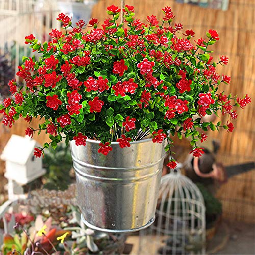 Grunyia 10 Bundles Artificial Fake Flowers, Faux Outdoor Plastic Plants UV Resistant Shrubs Outside Indoor Decorations (Red-Eucalyptus) - color: Red-eucalyptus
