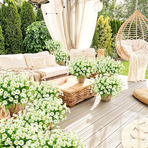 obbsie 12 Bundles Artificial Daisies Flowers Outdoor UV Resistant Fake Silk Daisy Mums Flowers No Fade Faux Greenery Plants for Home Wedding Garden Window Box Outdoor Planters Spring Decor - White - color: White,green, size: 12 Pcs