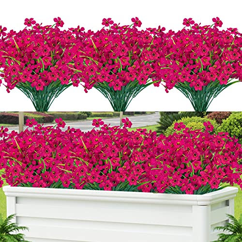 Lnoicy 12 Pcs Artificial Flowers for Outdoor,Plastic Flowers Decoration, UV Resistant Faux Flowers Shrubs, Artificial Plants for Indoor Outside Garden Home Wedding Farmhouse（Rose Red） - color: Rose Red, size: 12