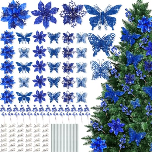 Thiccywoov 122 Pcs Christmas Glitter Poinsettia Artificial Flowers Berry Picks Butterfly Christmas Tree Ornaments 3 Styles Poinsettia kit with Clip for Xmas Wreath Home Tree Decor(Royal Blue) - color: Royal Blue