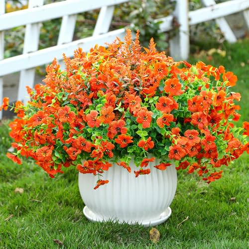 SHareconn 48 Bundles Artificial Flowers for Outdoors Decoration, Faux Plants Fake Silk Colorful Daisy Eucalyptus Lavender, UV Resistant for Outside Home Porch Patio Indoor Spring Decor, Orange - color: Spring Orange