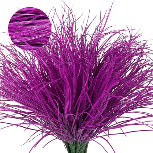 RECUTMS 12 Bundles Artificial Fake Grass Plants Flowers Faux Plastic Wheat Grass Outdoor UV Resistant Greenery Shrubs Plant for Outdoor Planters Wedding Outside Hanging Home Garden Décor(Pure Fuchsia) - color: Pure Fuchsia Grass